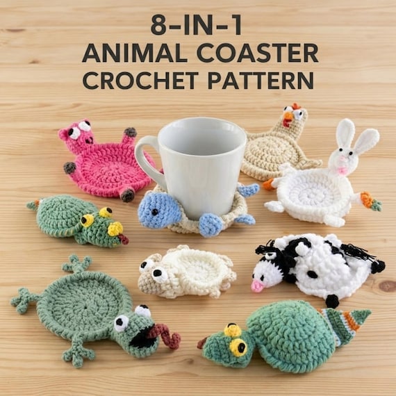 8-in-1 Farm Animal Crochet Coaster Pattern Bundle, Crochet Coasters Pattern, Animals Cup Holder, Amigurumi (PDF Pattern)