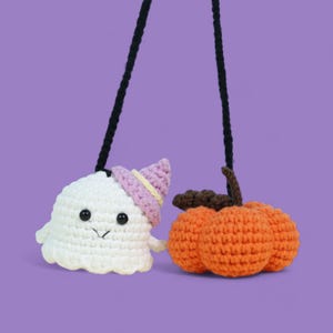 May include: Crocheted Halloween-themed ornaments. One is a white ghost wearing a lavender witch hat with a yellow band. The other is a trio of orange pumpkins with a brown stem. Both are suspended by black cords.