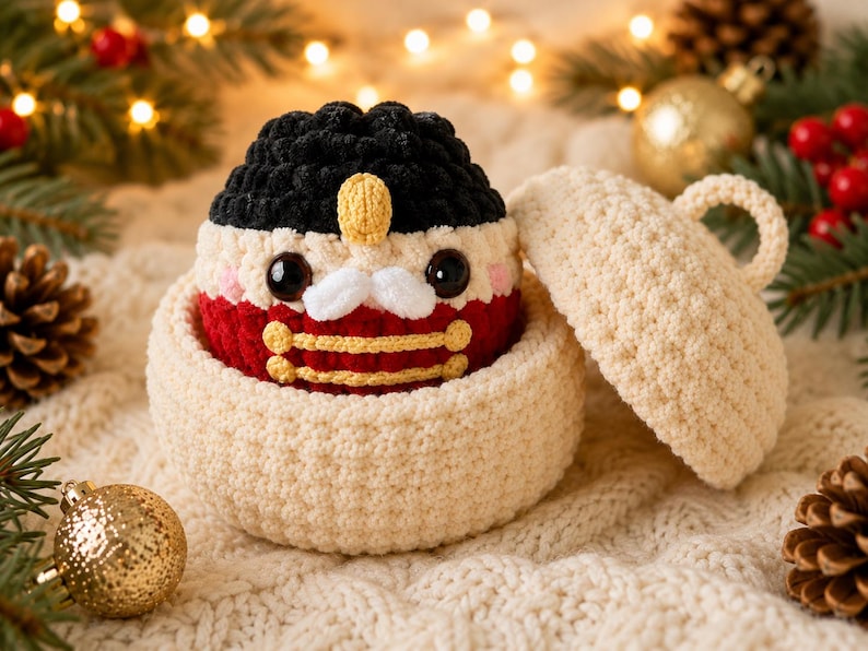 Peut inclure: Une figurine casse-noisette au crochet avec un chapeau noir, une moustache blanche et une veste rouge &agrave; bordure dor&eacute;e, nich&eacute;e dans un contenant rond au crochet couleur cr&egrave;me avec un couvercle assorti dot&eacute; d'une petite anse.