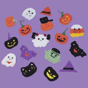May include: A collection of crocheted Halloween-themed appliques in various shapes and colors. Includes pumpkins, ghosts, cats, witch hats, and candy corn. The appliques are in shades of orange, black, white, purple, and green, set against a purple background.