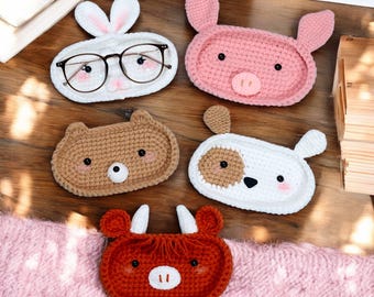 5in1 Farm Animals Eyeglasses Holder Crochet Pattern, Highland Cow Eyeglass Tray, Bear Case Holder Pattern, Bunny/Pig/Puppy Easy Amigurumi