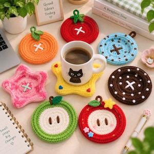 May include: A collection of round and star-shaped crochet coasters in various colors including red, orange, blue, pink, brown, green, and yellow. Some feature button-like stitching, fruit-inspired designs, or small decorative accents.