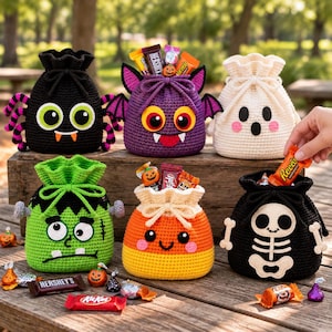Puede incluir: Seis bolsas de ganchillo para dulces de Halloween con forma de araña negra, murciélago morado, fantasma blanco, monstruo verde, caramelo de maíz y esqueleto negro. Cada bolsa tiene un cierre de cordón y está llena de dulces variados.