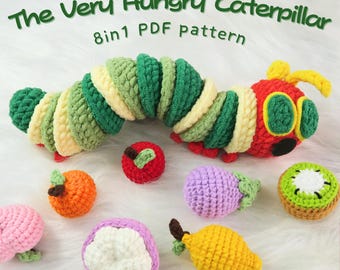 8-in-1 The Very Hungry CaterpillarGame handmade,  Montessori Gift Toys, ChildrenBooks Crochet, Back To School DIY Pattern, Easy Amigurumi
