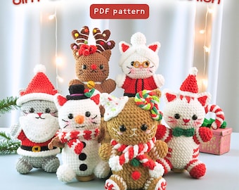 May include: A collection of six crocheted Christmas cat figures, each with unique festive attire. The cats are in various colors, including white, brown, and gray, and are adorned with Santa hats, reindeer antlers, and other holiday-themed accessories. The text "6in1 Christmas Cat Collection" is at the top.