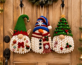 Christmas Gnome Door Hanger Crochet Pattern PDF, 3 Festive Gnome Decorations, Christmas Crochet Home Decor, English Download PDF