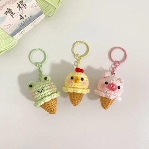 Haakpatroon dierenijssleutelhanger, 3in1 schattige boerderijdieren gehaakt knuffeldier, mini kikker/kuiken/varken sleutelhanger amigurumi Engelse pdf