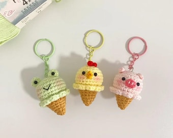 Animal Ice Cream Keychain Crochet Pattern, 3in1 Cute Farm Animals Plushie Crochet, Mini Frog/Chick/Pig Keychain Amigurumi English PDF