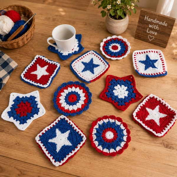 Modèle au crochet 250e anniversaire des États-Unis, lot de PDF patriotique du 4 juillet, tapis de coupe étoile patriotique, décoration de table jour de l'indépendance