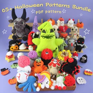 May include: A collection of handmade crochet Halloween-themed figures, including pumpkins, ghosts, and monsters. The figures are in various colors, such as orange, green, and black. The image includes text that reads "65+ Halloween Patterns Bundle PDF pattern."
