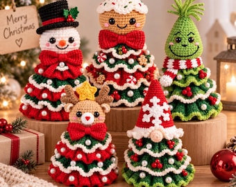 5 in 1 Animal Christmas Viral Tree Crochet Pattern Bundle, Viral Christmas Tree Decor, Reindeer Snowman Gnome Gingerbread PDF