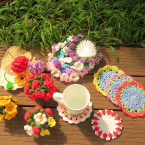 Pacchetto di 15 modelli all'uncinetto per sottobicchieri a forma di fiore, modello per sottobicchieri all'uncinetto, sottobicchieri a forma di fiore in amigurumi, sottobicchieri a forma di girasole, sottobicchieri a forma di rosa