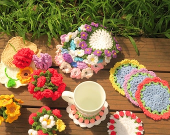 15-in-1 Flower Coaster Pot Crochet Patterns Bundle, Crochet Coasters Pattern, Flower Coaster Amigurumi, Sunflower Coasters, Rose Coasters