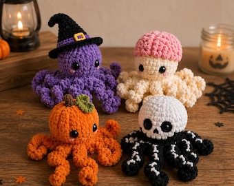 LOW SEW 4-in-1 Halloween Octopus Haakpatroon PDF, Heks Pompoen Schedel Amigurumi, Beginnersvriendelijke Spooky Pluche Bundel