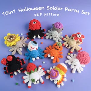 K&ouml;nnte beinhalten: Eine Sammlung von zehn geh&auml;kelten Spinnen mit verschiedenen Motiven wie Sonnenblume, Augapfel, K&uuml;rbis, Erdbeere und Gehirn, wobei der Text 10in1 Halloween Spider Party Set PDF pattern oben im Bild zu sehen ist.