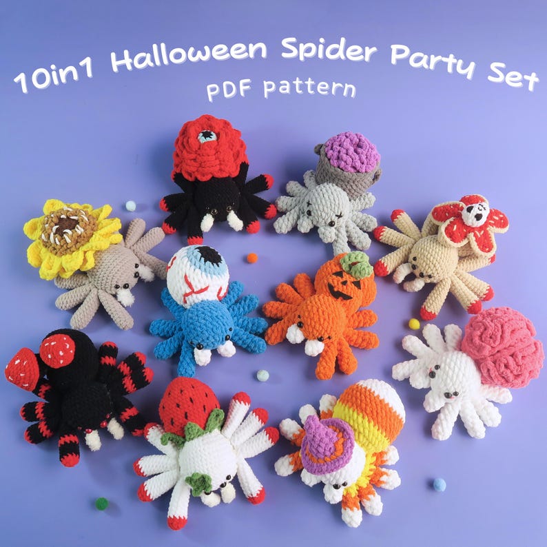 K&ouml;nnte beinhalten: Eine Sammlung von zehn geh&auml;kelten Spinnen mit verschiedenen Motiven wie Sonnenblume, Augapfel, K&uuml;rbis, Erdbeere und Gehirn, wobei der Text 10in1 Halloween Spider Party Set PDF pattern oben im Bild zu sehen ist.