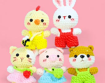 5in1 Happy Farm Animal Crochet Pattern Bundle, Bunny Amigurumi Crochet Pattern, Low Sew Piggy Plushie Pattern, Plush Kitten Digital Download