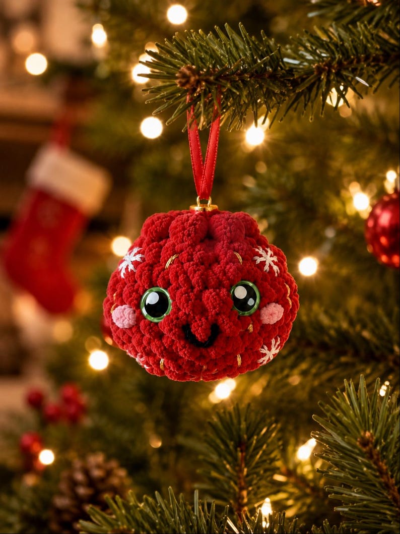 Peut inclure: Une d&eacute;coration ronde en crochet rouge avec une surface textur&eacute;e, de grands yeux en plastique noir et vert, un petit sourire brod&eacute; en noir et des joues rose clair. L'ornement est orn&eacute; de flocons de neige blancs brod&eacute;s et suspendu par un ruban rouge.