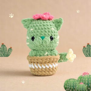Cactus Cat Crochet Pattern, Chubby Cats Easy Amigurumi, Crochet Plushies Cactus Plant Pot Bundle, Low Sew Loaf Cat Flower Pattern, Cat Lover image 4