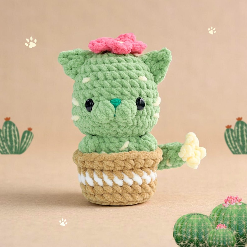 Cactus Cat Crochet Pattern, Chubby Cats Easy Amigurumi, Crochet Plushies Cactus Plant Pot Bundle, Low Sew Loaf Cat Flower Pattern, Cat Lover image 4