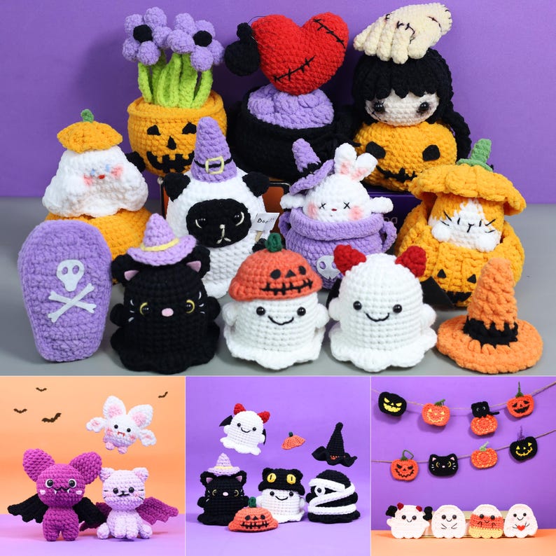K&ouml;nnte beinhalten: Eine Sammlung handgefertigter, geh&auml;kelter Halloween-Pl&uuml;schfiguren und Dekorationen, darunter Geister, K&uuml;rbisse, schwarze Katzen, Flederm&auml;use und eine Girlande mit kleinen geh&auml;kelten Figuren in Orange, Schwarz, Wei&szlig; und Violett.