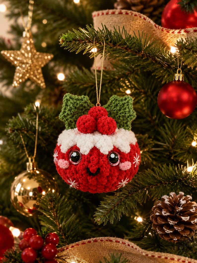 Peut inclure: Une d&eacute;coration de No&euml;l ronde en crochet rouge avec un sommet blanc ressemblant &agrave; du gla&ccedil;age, trois petites baies rouges et deux feuilles vertes. L'ornement pr&eacute;sente un visage souriant avec de grands yeux noirs, des joues roses et des flocons blancs.