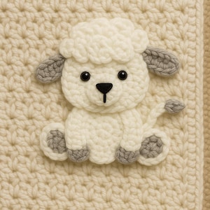 May include: A cream-colored, crocheted blanket featuring a white sheep applique with gray accents. The sheep has a fluffy head, black eyes, and gray ears and feet. The blanket has a textured pattern.