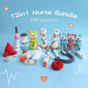 Op de afbeelding: Een set van 12 haak-amigurumi patronen voor een verpleegster-themabundel. De patronen omvatten een spuit, een fles medicijnen, een thermometer, een pleister, een stethoscoop, een bloeddrukmeter, een hart en vier verschillende verpleegsters. De patronen zijn beschikbaar als PDF-download. 12in1 Nurse Bundle PDF pattern