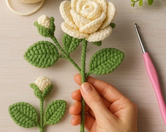 Weiße Rose Blume Häkelanleitung, niedlich einfach DIY häkeln, Hochzeitsblume, Blumenstrauß DIY, Muttertagsgeschenk, minimalistische Blumendekoration
