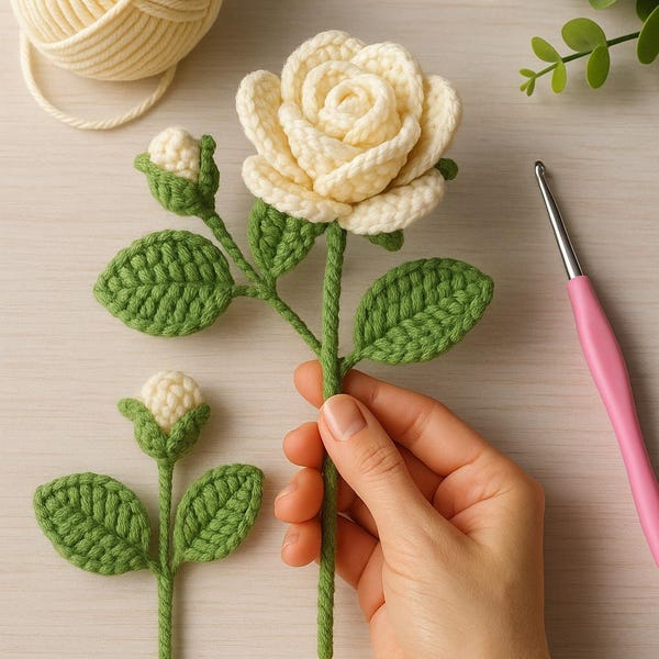 White Rose Flower Crochet Pattern, Cute Easy DIY Crochet, Wedding Flower, Flower Bouquet DIY, Mother's Day Gift, Minimalist Floral Decor