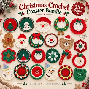 Puede incluir: Una colección de más de 25 posavasos de ganchillo con motivos navideños que incluyen a Santa Claus, muñecos de nieve, hombres de jengibre, coronas, copos de nieve y bastones de caramelo en hilo rojo, verde, blanco y marrón. El texto dice Christmas Crochet Coaster Bundle.