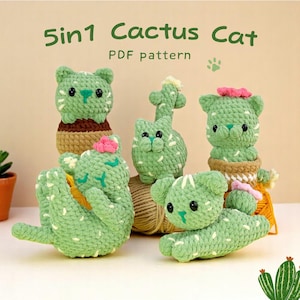 Patrón de crochet de gato cactus, amigurumi fácil de gatos regordetes, paquete de macetas de cactus de peluche, patrón de flor de gato pan de costura baja, amante de los gatos