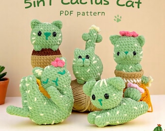 Cactus Cat Crochet Pattern, Chubby Cats Easy Amigurumi, Crochet Plushies Cactus Plant Pot Bundle, Low Sew Loaf Cat Flower Pattern, Cat Lover