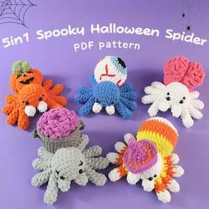 May include: A collection of six crocheted spiders in various Halloween-themed designs. The spiders feature a pumpkin, eyeball, brain, and candy corn. The text "5in1 Spooky Halloween Spider PDF pattern" is displayed at the top.