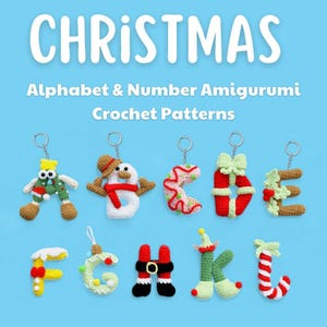 Pacote de padrões de crochê de alfabeto e números de Natal, padrão de chaveiro de 26 letras de feriado amigurumi, presente de carta educacional de Natal, crochê ABC