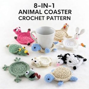 Lot de motifs de sous-verres au crochet 8 en 1, motif de sous-verres au crochet, porte-gobelet animaux, amigurumi (Modèle PDF)