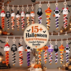 Puede incluir: Una colección de quince adornos en espiral de ganchillo para Halloween con varios personajes como fantasmas, esqueletos y calabazas. Cada adorno cuelga de un anillo de madera e incluye una cola en espiral con pequeños detalles.