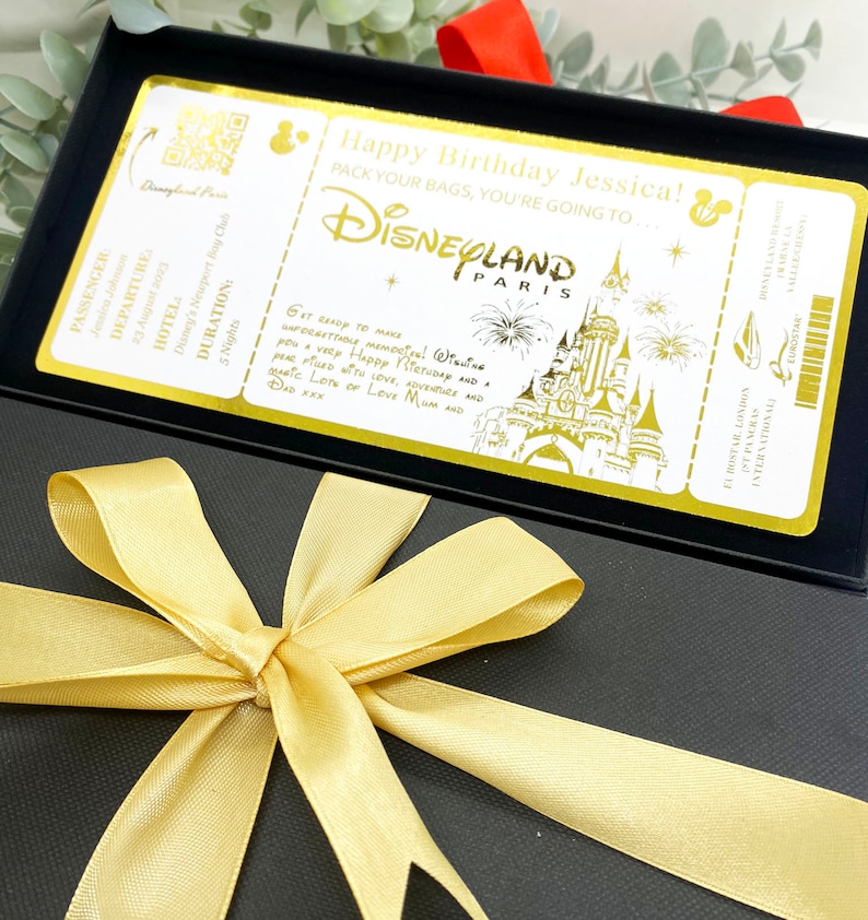 Billet Disneyland Paris, billet doré personnalisé, faire-part de voyage Disney, cadeau de fête Disneyworld, cadeau de voyage d'anniversaire image 6