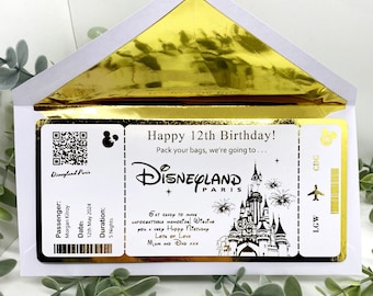 Boleto de Disneyland París, Boleto dorado personalizado, anuncio de viaje de Disney, revelación de vacaciones de Disneyworld, regalo de viaje de cumpleaños