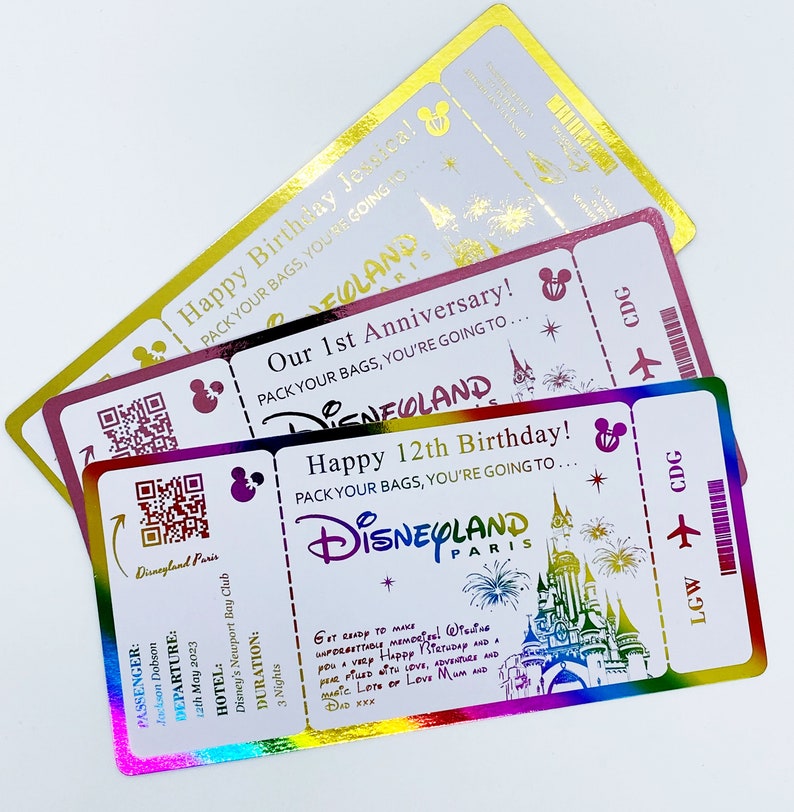 Billet Disneyland Paris, billet doré personnalisé, faire-part de voyage Disney, cadeau de fête Disneyworld, cadeau de voyage d'anniversaire image 3