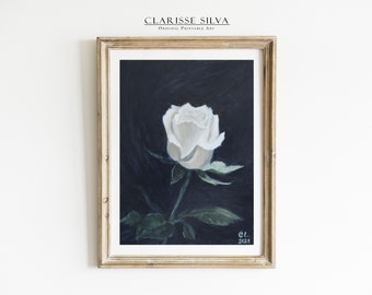 Witte Roos Nº2 - Bloem schilderij Originele bloemen print afdrukbare kunst aan de muur witte roos olieverf schilderij download bloem impressionisme home decor