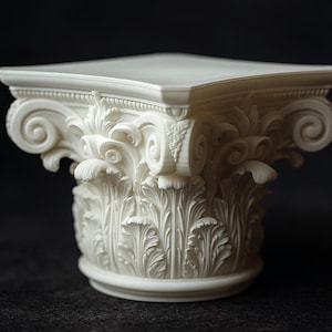 May include: A white, intricately carved Corinthian column capital. The capital features detailed scrollwork and leaf patterns, with a square top and a circular base. The sculpture is set against a dark background.