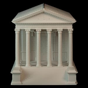 May include: A white miniature replica of a classical temple with columns, steps, and a detailed roof. The temple features text along the top and is set against a black background. The architectural model showcases intricate design elements.