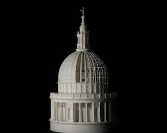 May include: A detailed white architectural model of a domed building, possibly a cathedral or church, against a black background. The model features intricate details, including columns, arches, and a cross atop the spire.