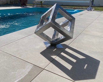 The CuBE - Modern Metal Sculpture, Indoor Outdoor Art, Coffee Table or Floor Decor