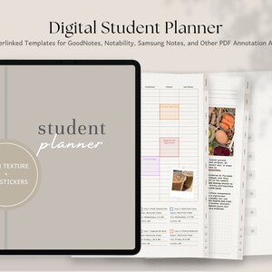 Puede incluir: Un planificador digital para estudiantes en la pantalla de una tableta. El planificador tiene un fondo beige con el texto "student planner" en blanco. El planificador incluye un horario semanal, una lista de tareas y una sección de notas. El planificador también incluye una textura de papel y pegatinas gratis.