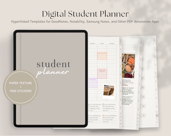 May include: A digital student planner on a tablet screen. The planner has a beige background with the text "student planner" in white. The planner includes a weekly schedule, a to-do list, and a notes section. The planner also includes a paper texture and free stickers.