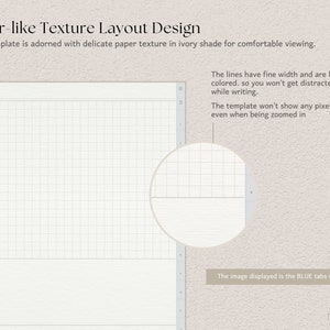 May include: A digital template with a paper-like texture and grid layout. The text reads "Paper-like Texture Layout Design." The lines are light-colored and fine, designed for comfortable viewing and writing. The image displayed is the BLUE tabs version.