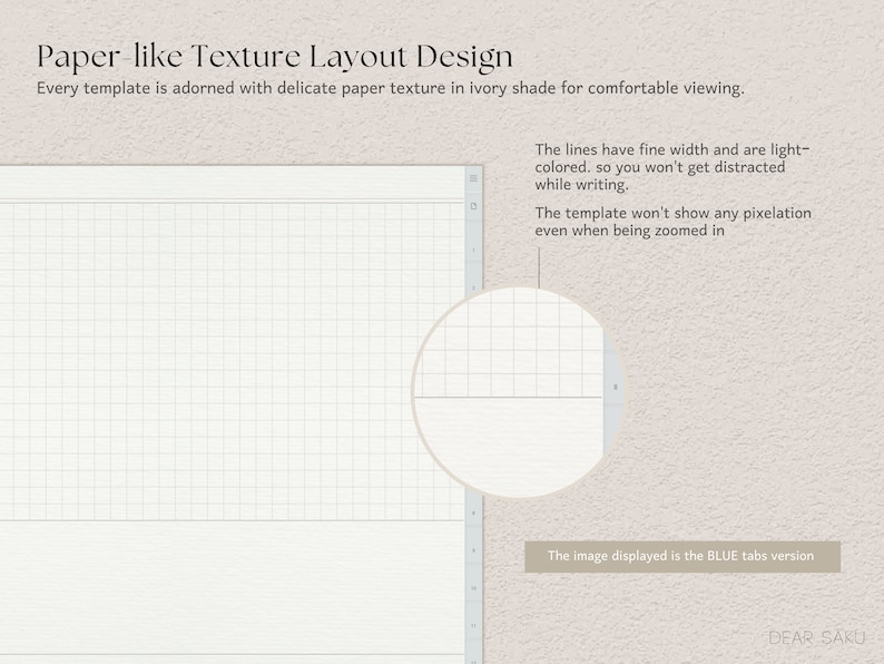 May include: A digital template with a paper-like texture and grid layout. The text reads "Paper-like Texture Layout Design." The lines are light-colored and fine, designed for comfortable viewing and writing. The image displayed is the BLUE tabs version.