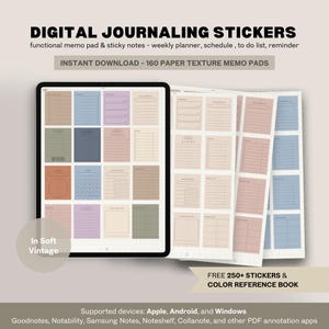 Peut inclure: Autocollants de journalisation numérique avec des blocs-notes et des notes autocollantes. L'image montre une tablette affichant des autocollants numériques aux couleurs vintage douces, ainsi que des feuilles imprimées. Le texte indique "TÉLÉCHARGEMENT INSTANTANÉ - 160 BLOCS-NOTES TEXTURÉS" et "250+ AUTOCOLLANTS GRATUITS & LIVRE DE RÉFÉRENCE COULEUR."